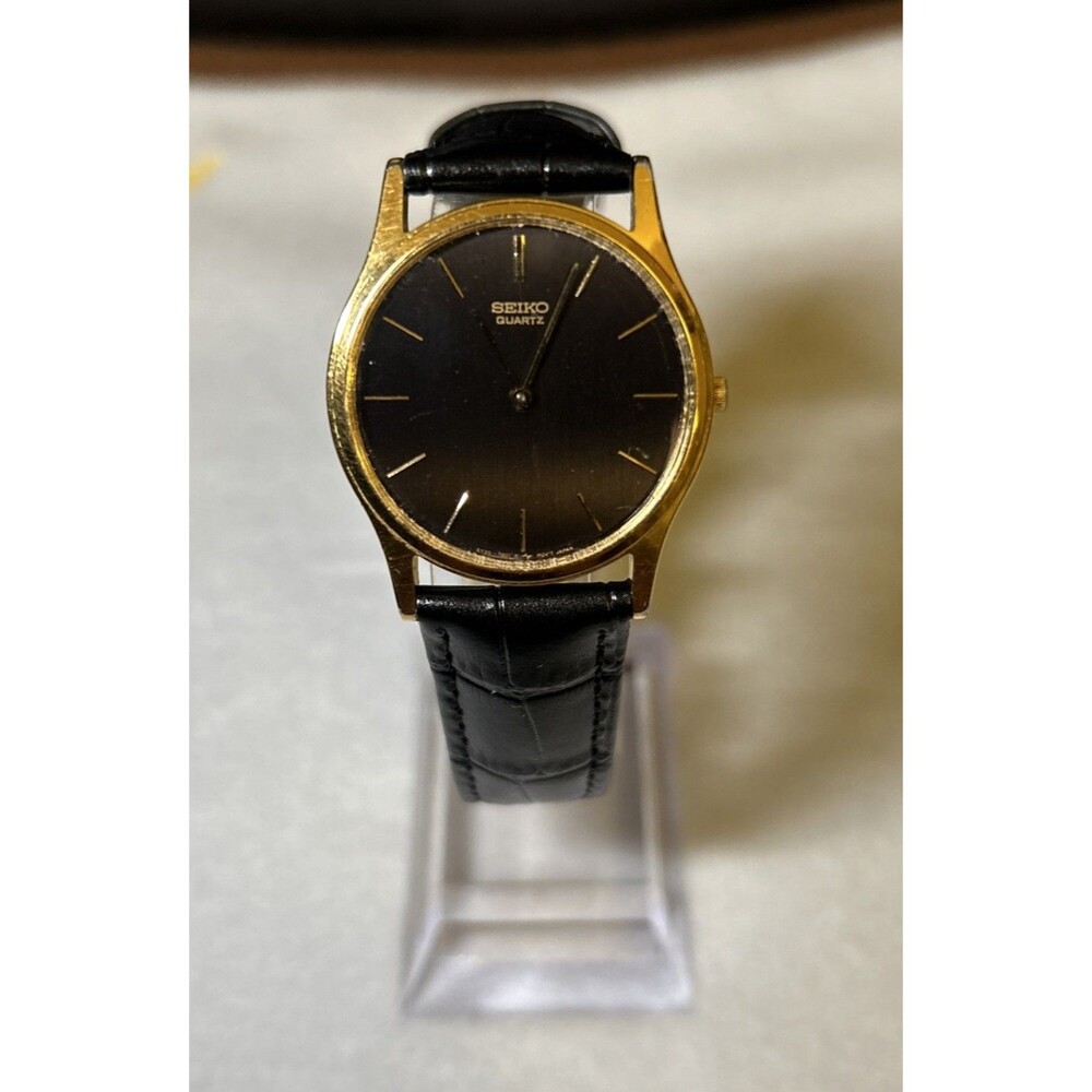 Vintage Seiko Quartz Dress Watch Gold Black Dial 5Y30-7A79 New Strap